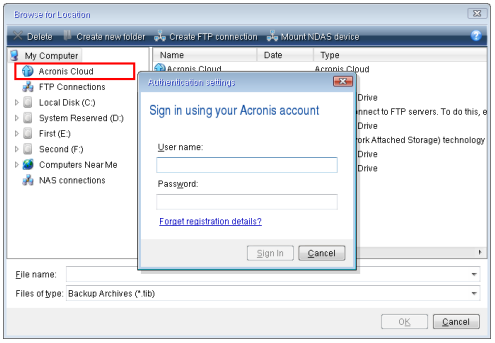 Выбор аккаунта программы Acronis True Image